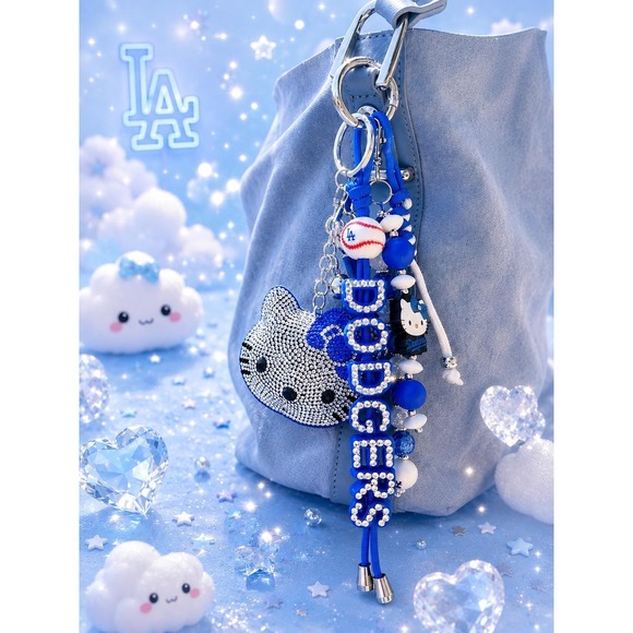 Accessories - Blue Baseball Kitty Purse Charm | Rhinestone Beaded Keychain